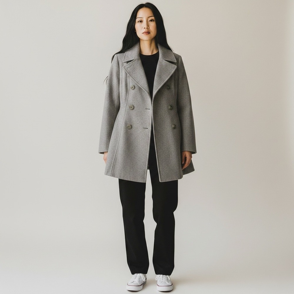 London Fog Pea Coat Women M Tan Wool Blend Double Breasted Timeless Fall Neutral